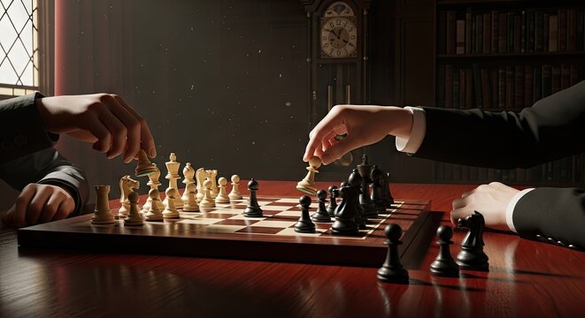 Two people playing chess on a wooden board.