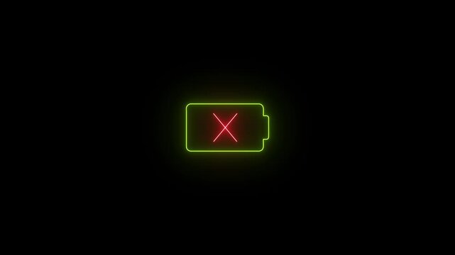 Battery error neon icon horizontal outline red cross dark background 4k 25fps