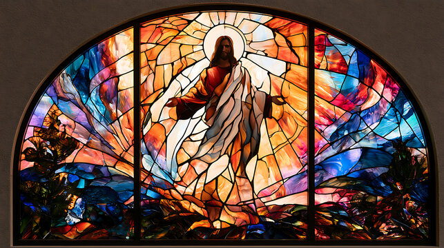 Photorealistic close-up of a modern stained glass window depicting Jesus Christ against a backdrop of modern church architecture.
