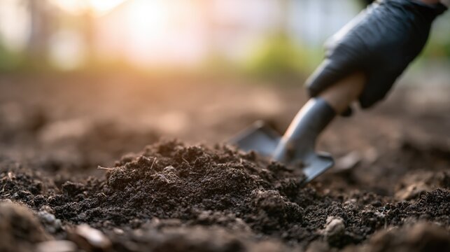Gardener Shoveling Soil in a Lush Residential Garden