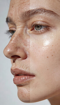 Skin before after comparison aging pores wrinkles texture skincare treatment cosmetic results close up beauty face improvement concept