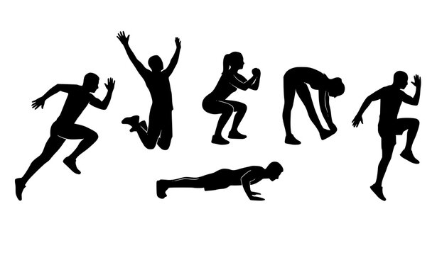 People exercising running and jumping black silhouette physical activity vector set
