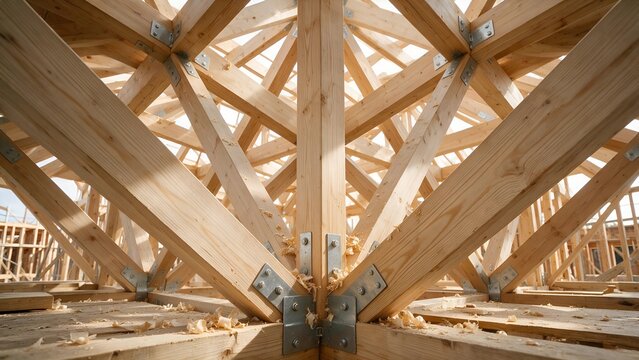 Wooden roof truss structure showing detailed framing connections inside a new residential building under construction with natural light coming through