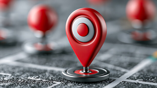 Red map pin markers stand on a gray grid surface
