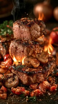 A mouthwatering stack of roasted meat and mushrooms with flames and steam, garnished with fresh herbs and vegetables, set against a dark background with cinematic lighting.