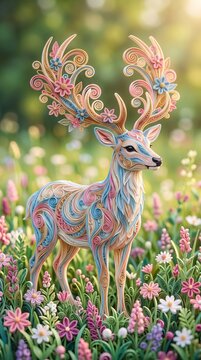 Colorful Paper Quilling Deer with Floral Antlers in Meadow