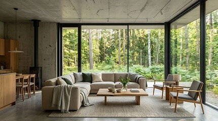 Fototapeta premium Modern Minimalist Living Room Interior with Floor to Ceiling Glass Windows Overlooking Lush Green Forest, Luxury Japandi Style Home Design with Concrete Walls and Wooden Furniture