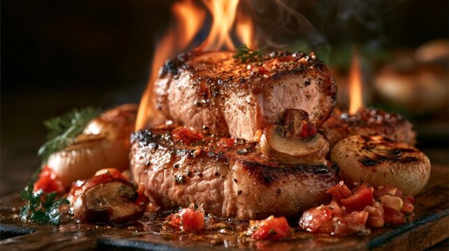 Juicy roasted meat with mushrooms and vegetables sizzles over an open flame, creating a mouthwatering dish under cinematic lighting.