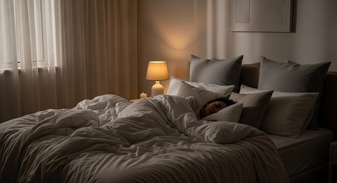 Cozy unmade bed in dimly lit bedroom.