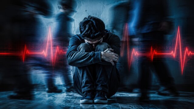 Troubled young person sitting on floor feeling mental distress with abstract heartbeat monitor overlay.