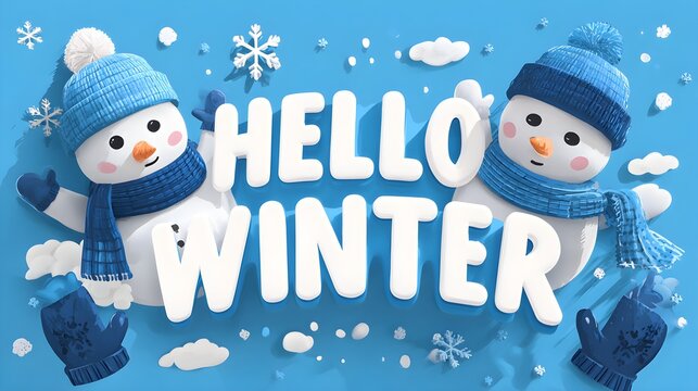 Hello Winter cheerful snowmen and mittens on blue illustrated background