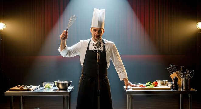 Professional chef standing on stage between two kitchen workstations.