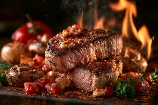 Juicy roasted steak with mushrooms and vegetables, illuminated by warm flames and natural lighting, creating an appetizing and cinematic food scene.
