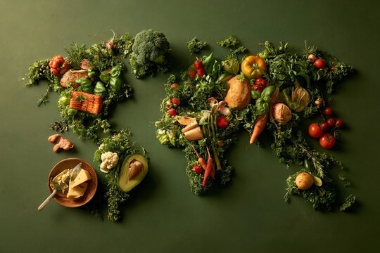 A top-down view of a world map creatively formed using fresh vegetables, fruits, and food ingredients on a dark green background.