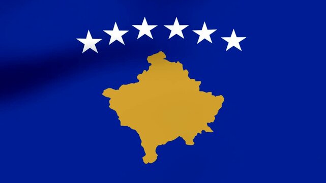 Waving flag of Kosovo with yellow map and six white stars on a blue background