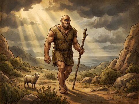 Polyphemus Cyclops Walking with Sheep in Ancient Landscape