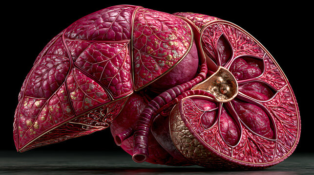 Detailed human liver anatomy is showcased in a photorealistic rendering