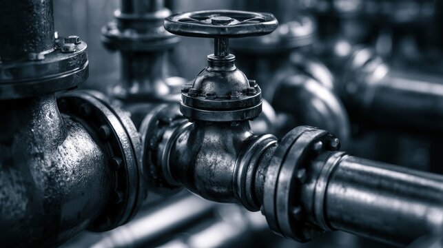 Industrial valve and piping system close up
