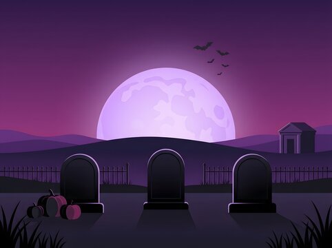 A spooky halloween night scene with a full moon illuminating a deserted graveyard and eerie atmosphere