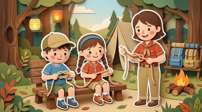 Paper cut craft scout leader teaching boy and girl knot tying at campsite with tent and campfire
