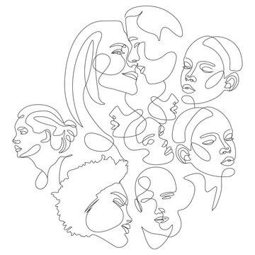 Continuous Line Art Diversity People Faces Collage Vector Illustration with Transparent PNG Isolated