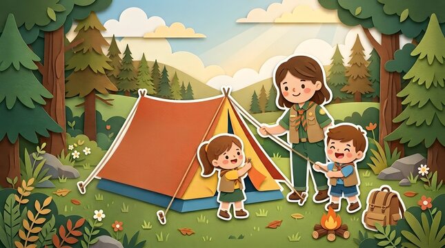 Paper cut craft scout leader helping boy and girl pitching tent at campsite in pine forest clearing