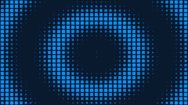Abstract blue background with glowing square dots arranged in a circular halftone pattern for modern digital design