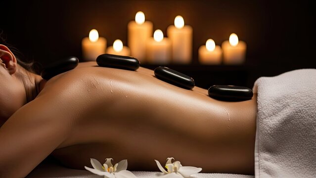 Woman receiving professional hot stone massage at luxury spa