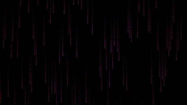 Abstract digital background with glowing pink light particles falling down in vertical lines on a dark black surface representing data flow and technology