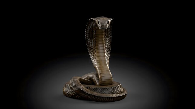 Aggressive cobra snake displaying hood in dramatic spotlight against black background with spread defensive posture
