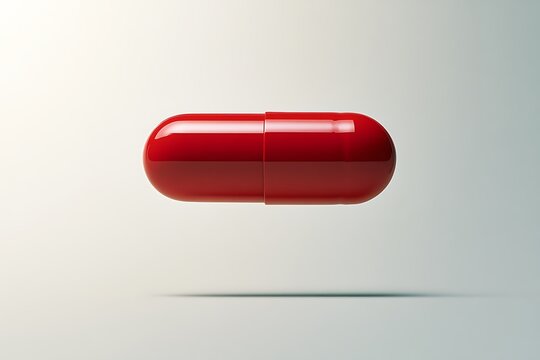 A single glossy red medical capsule pill floating in the air, casting a soft shadow on a neutral surface