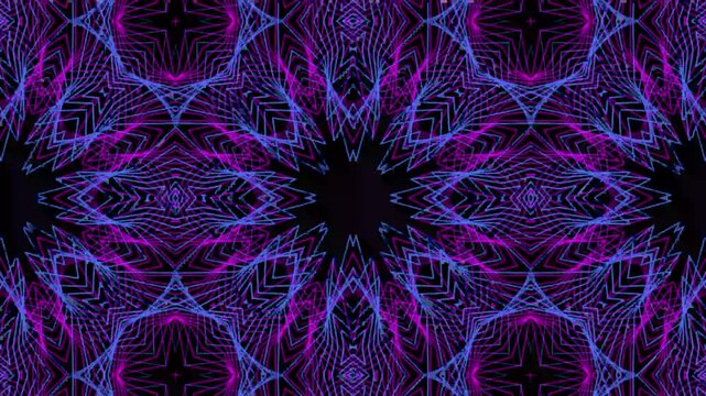 Abstract neon line kaleidoscope background. Futuristic glowing geometric pattern loop. Cyberpunk synthwave motion graphics texture.