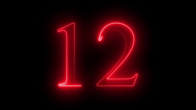  glowing red color neon 12 text, Educational concept promote advertising concept isolate using QuickTime black background 4k motion video animation.