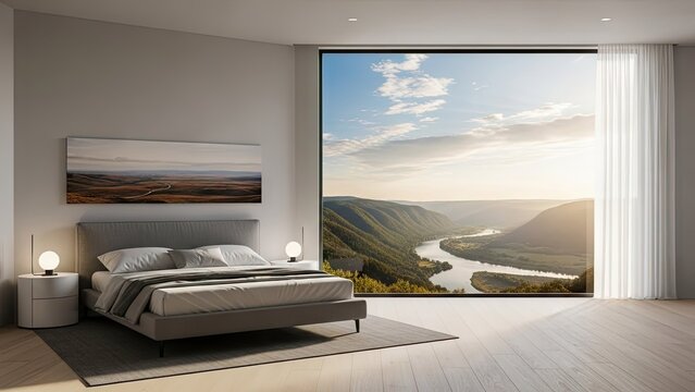 Modern minimalist bedroom overlooking scenic river valley sunset.