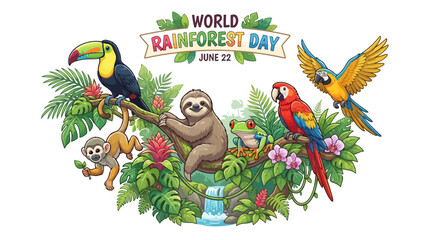 Obraz premium Vibrant Cartoon Tropical Rainforest Animals Celebrating World Rainforest Day Illustration
