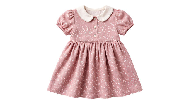 Pink floral print baby dress with white peter pan isolated on png transparent background