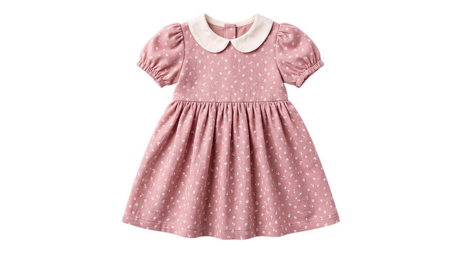 Pink floral print baby dress with white peter pan isolated on png transparent background