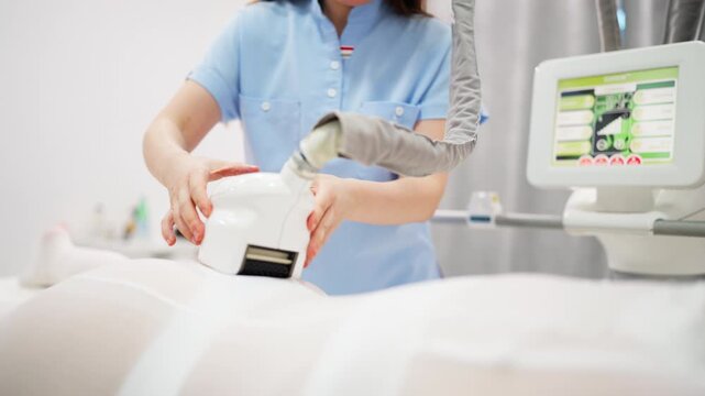 Professional beautician performing lymphatic drainage body massage on woman's leg with specialized equipment in an aesthetic beauty clinic. Wellness, body care and relaxation concept.