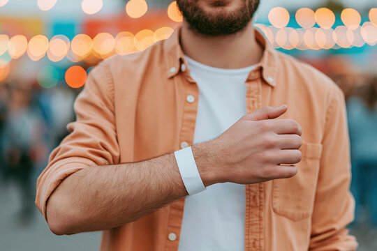 Man at an outdoor festival event wearing a blank white wristband mockup