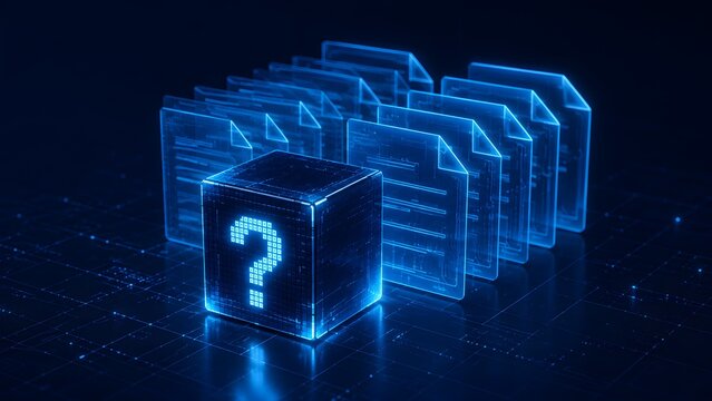 Glowing blue cube with a question mark in front of digital documents representing data query problem solving and searching information in a secure network.