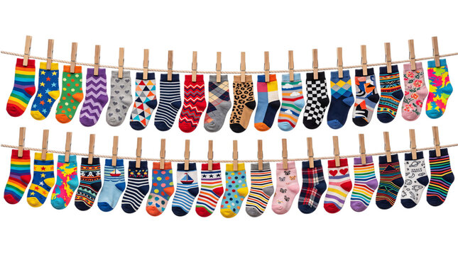 Two rows of patterned socks hanging on a clothesline isolated on png transparent background