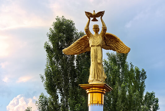 Gilded sculpture The Kind Angel of Peace, which symbolises philanthropy, peace and hope: Abakan, Russia - August 10, 2026