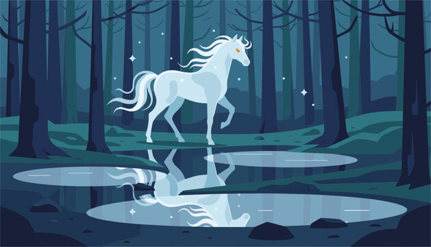 Magical white horse or unicorn with a glowing mane stands by a mirror-like pond in a dark mystical forest with floating sparks and lights.