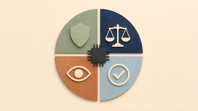 Segmented circle with microchip and icons for shield scales eye and checkmark representing artificial intelligence ethics legal compliance and data privacy.