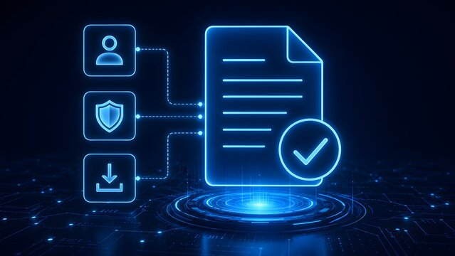 Glowing digital document with checkmark connected to user shield and download icons representing secure data verification and authenticated file transfer.