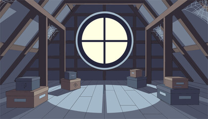 Quiet empty attic room featuring a large round window casting light on wooden floors with cobwebs and scattered storage boxes. © William
