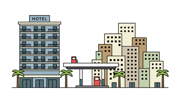 Urban cityscape shows a tall hotel building next to a gas station and a cluster of apartment blocks under palm trees.