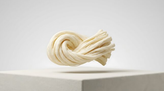Dil peyniri string cheese twisted shape floating above a pedestal against a clean white background