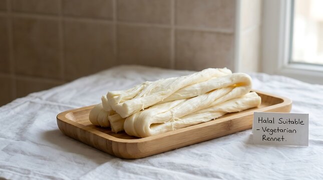Dil peyniri string cheese on wooden plate with halal label on cloth
