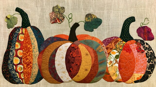 Patchwork style artwork featuring pumpkins